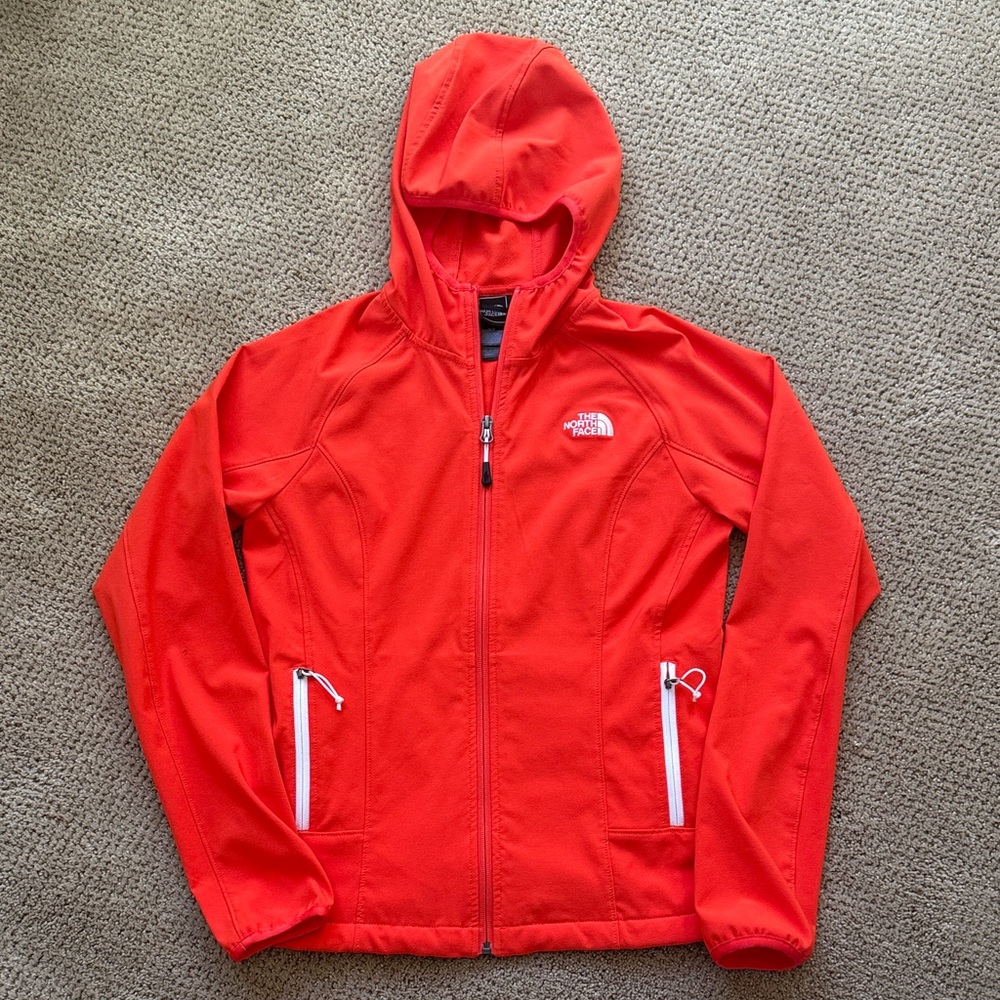 The North Face Red Hooded lightweight Jacket with White Zippers